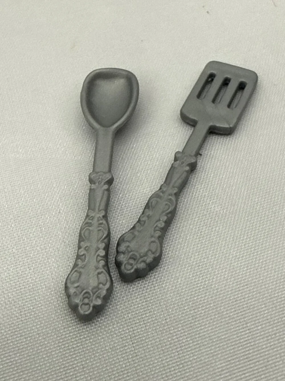Vintage Dollhouse Miniature Metal Kitchen Utensils Ornate Spoon & Spatula Set